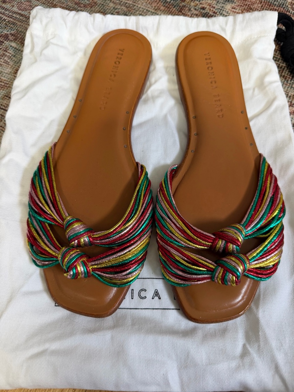 Veronica Beard Multicolor Braided Knot Slide Sandals - Tan Footbed